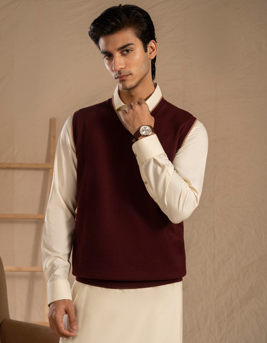 BURGUNDY V-NECK SWEATER | JJ-MSWSL-20005