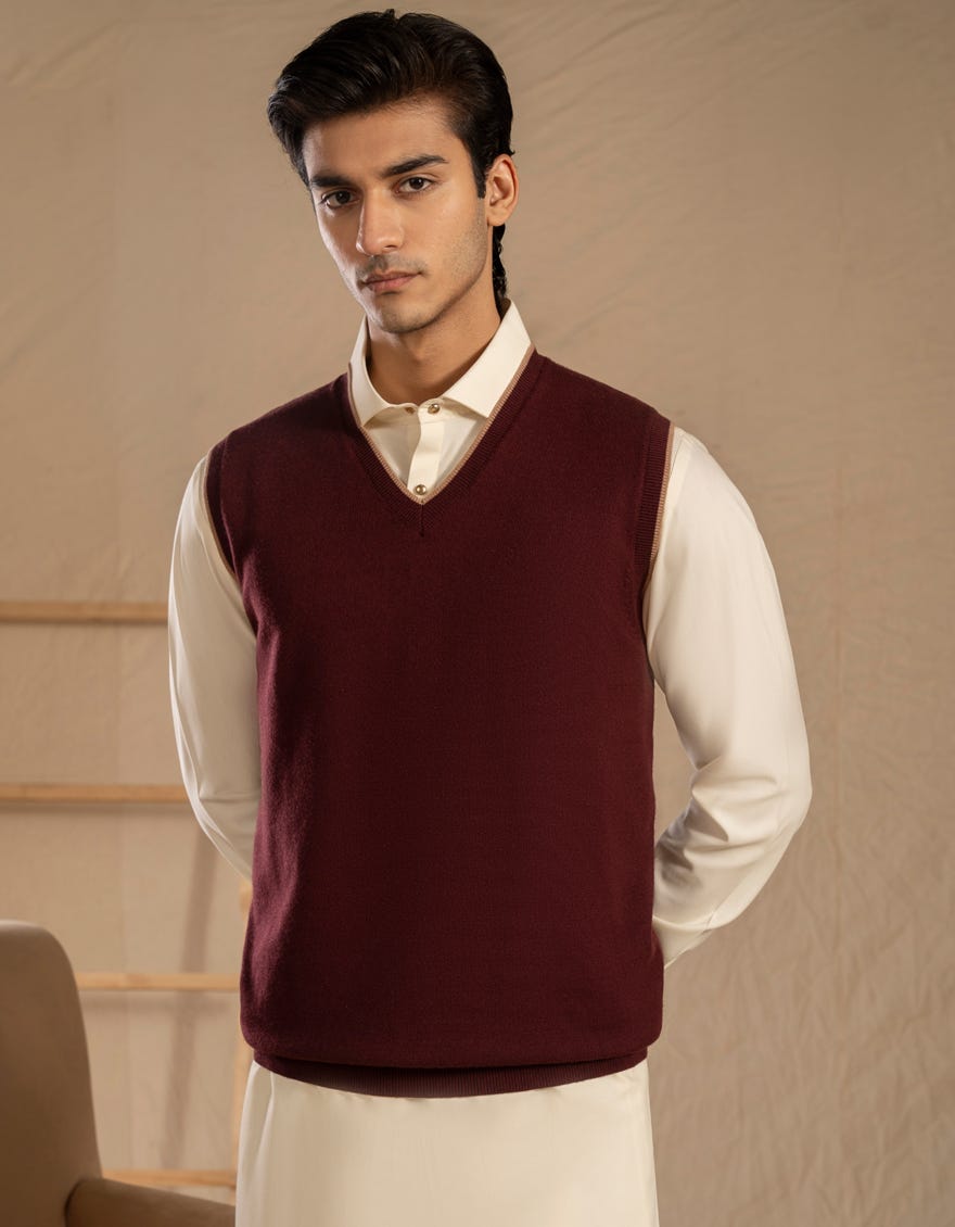 BURGUNDY V-NECK SWEATER | JJ-MSWSL-20005