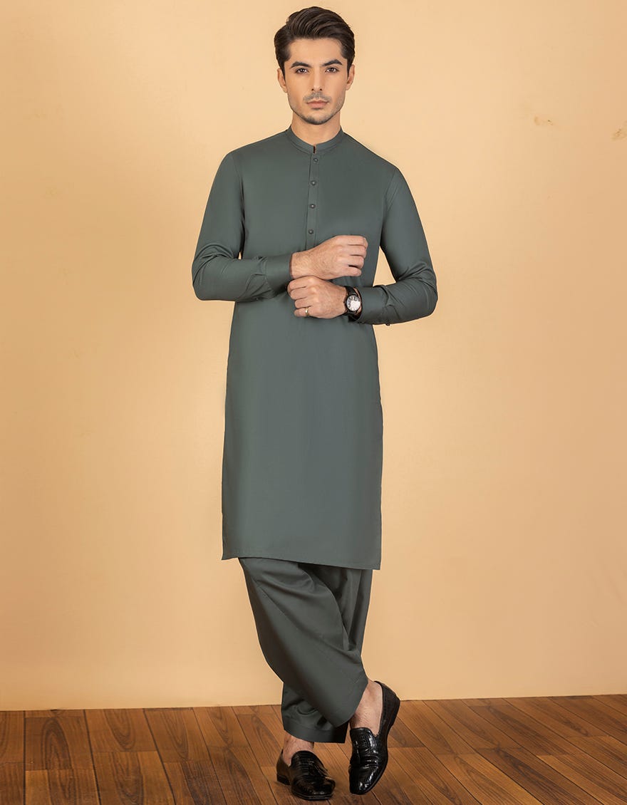 GREEN COTTON UNSTITCHED KAMEEZ SHALWAR FABRIC | JJMS-2005