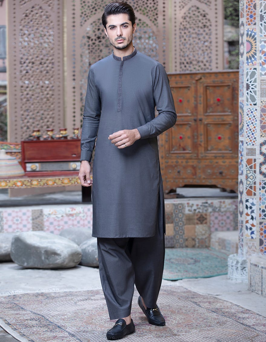 CHARCOAL GREY BLENDED UNSTITCHED KAMEEZ SHALWAR FABRIC | JJMS-2028