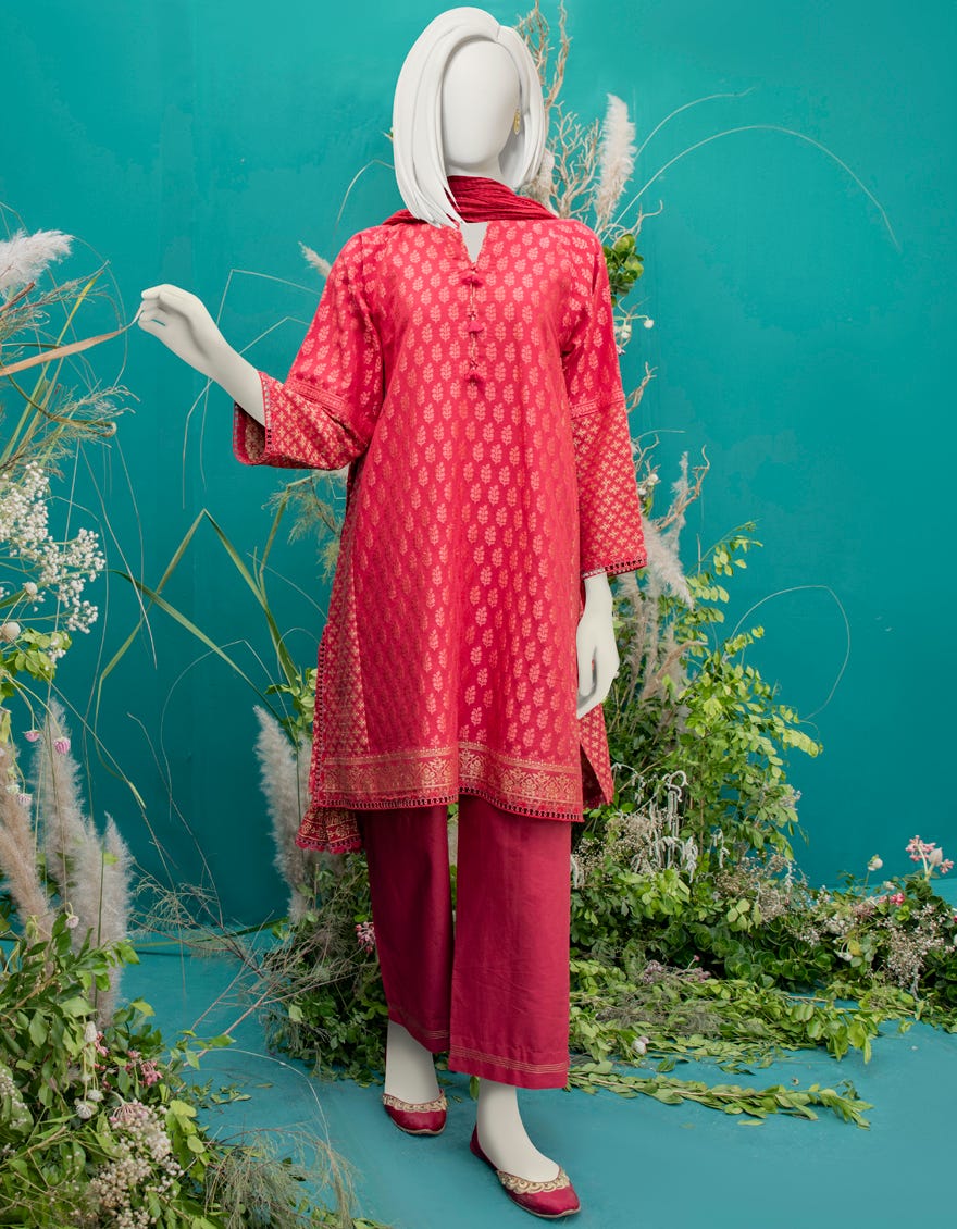 RED JACQUARD 3PC STITCHED | JJPW-W-JW-22-1708