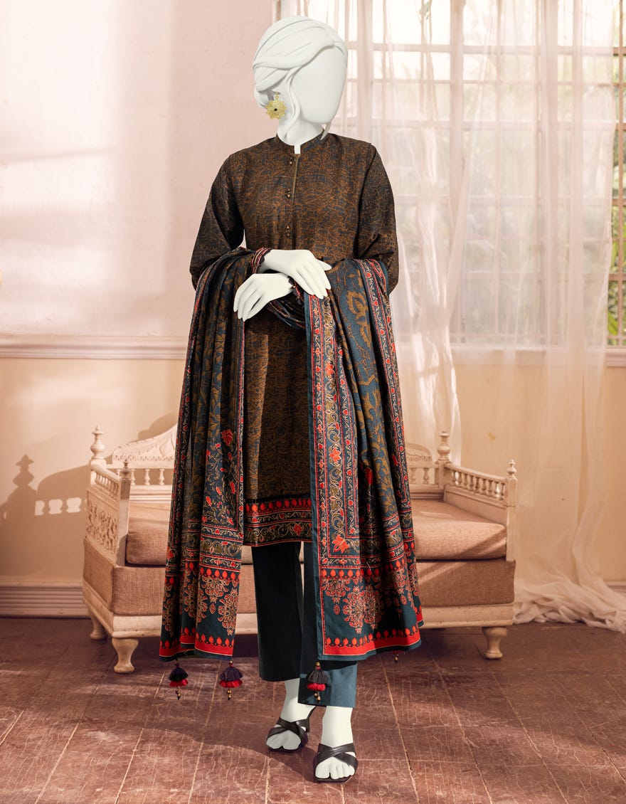 GOLDEN-TEAL CAMBRIC UNSTITCHED 3PC | JJLS-W-JW-22-1718 FB