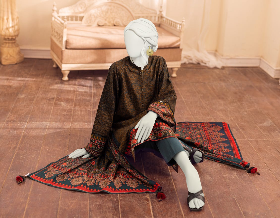 GOLDEN-TEAL CAMBRIC UNSTITCHED 3PC | JJLS-W-JW-22-1718 FB