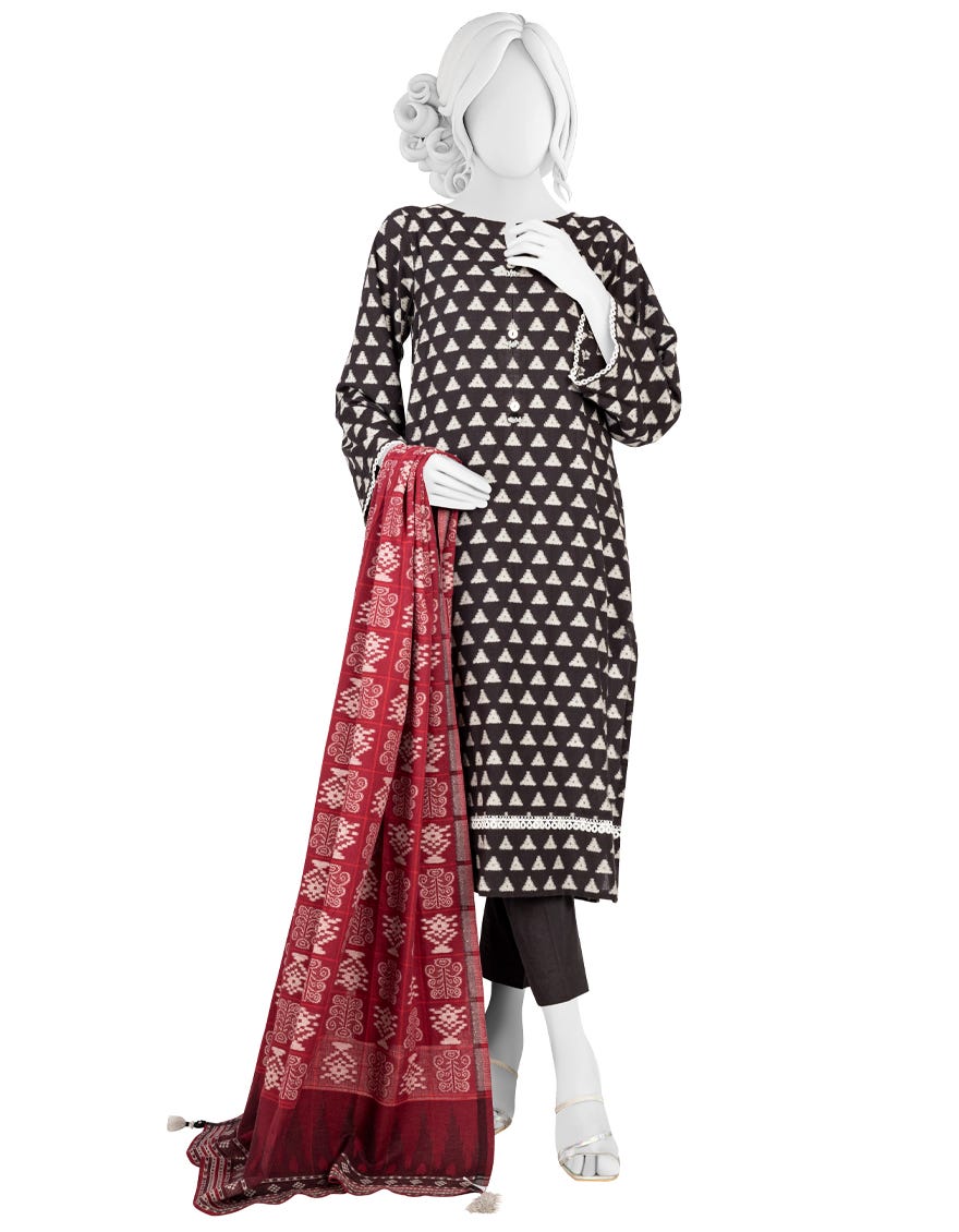 BLACK JACQUARD UNSTITCHED 3PC | JJLS-W-JW-22-1729 FB