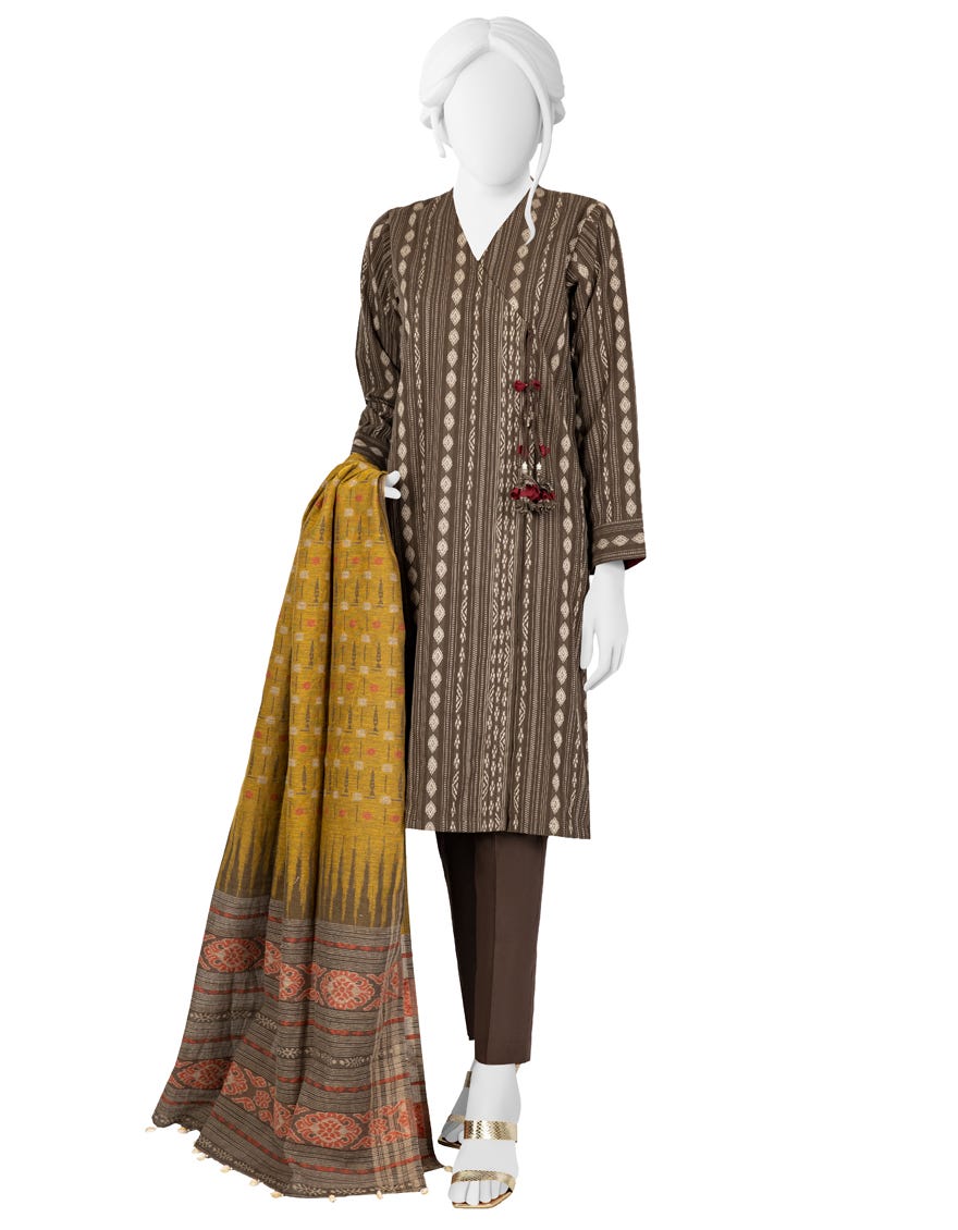 MUD BROWN JACQUARD UNSTITCHED 3PC | JJLS-W-JW-22-1731