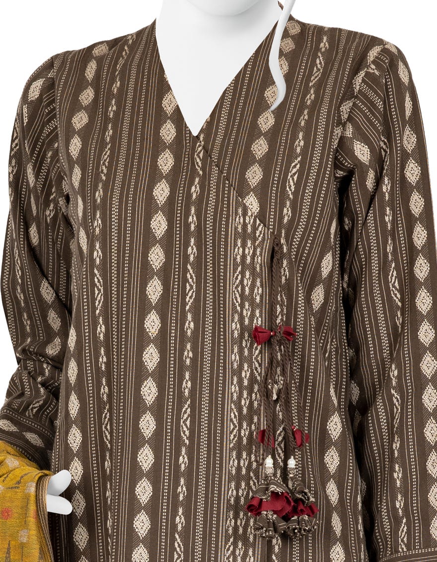 MUD BROWN JACQUARD UNSTITCHED 3PC | JJLS-W-JW-22-1731