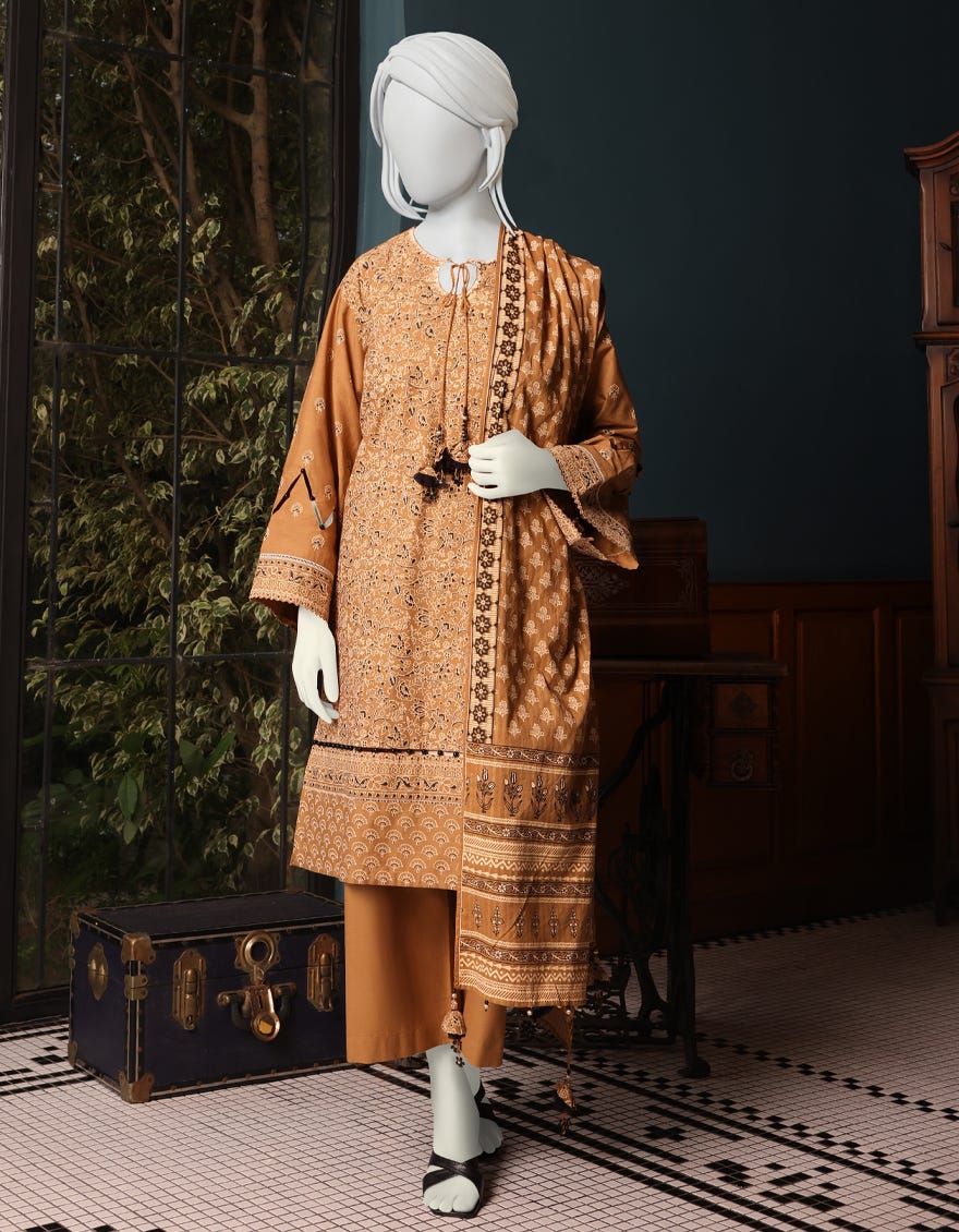 GOLDEN BROWN CAMBRIC UNSTITCHED 3PC | JJLS-W-JW-22-1752 FB