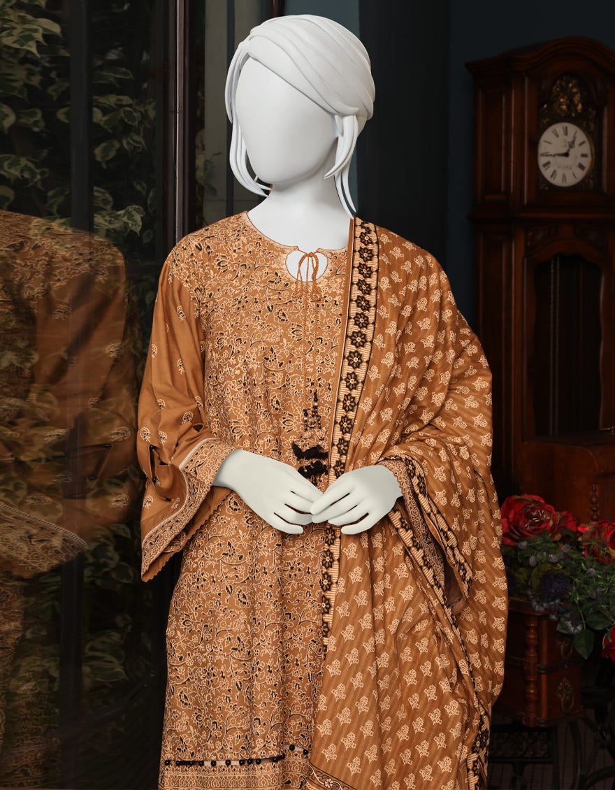 GOLDEN BROWN CAMBRIC UNSTITCHED 3PC | JJLS-W-JW-22-1752 FB