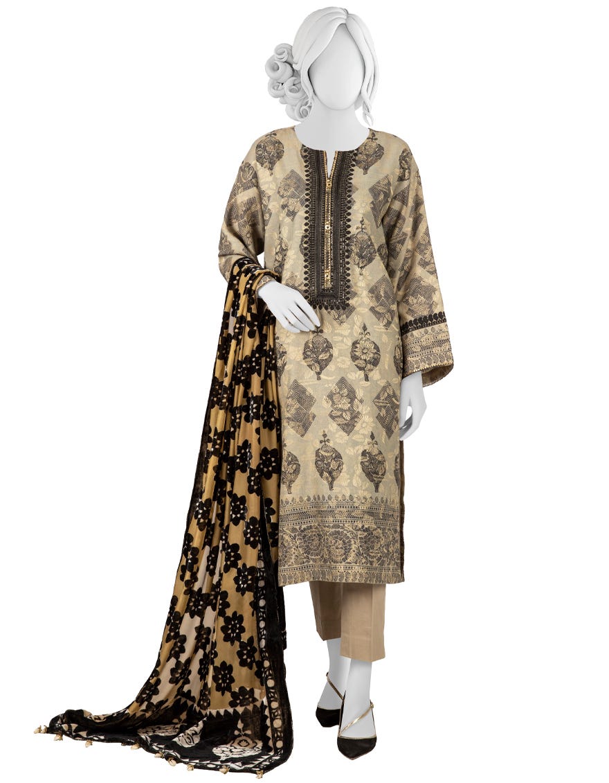 BEIGE JACQUARD UNSTITCHED 3PC | JJLS-W-JW-22-1755