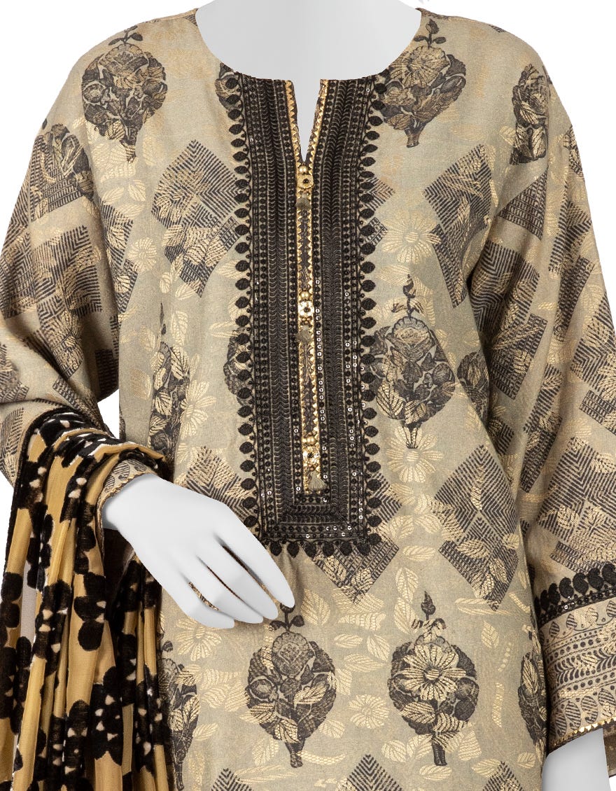 BEIGE JACQUARD UNSTITCHED 3PC | JJLS-W-JW-22-1755