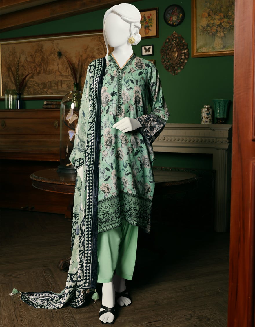 GREEN JACQUARD UNSTITCHED 3PC | JJLS-W-JW-22-1756