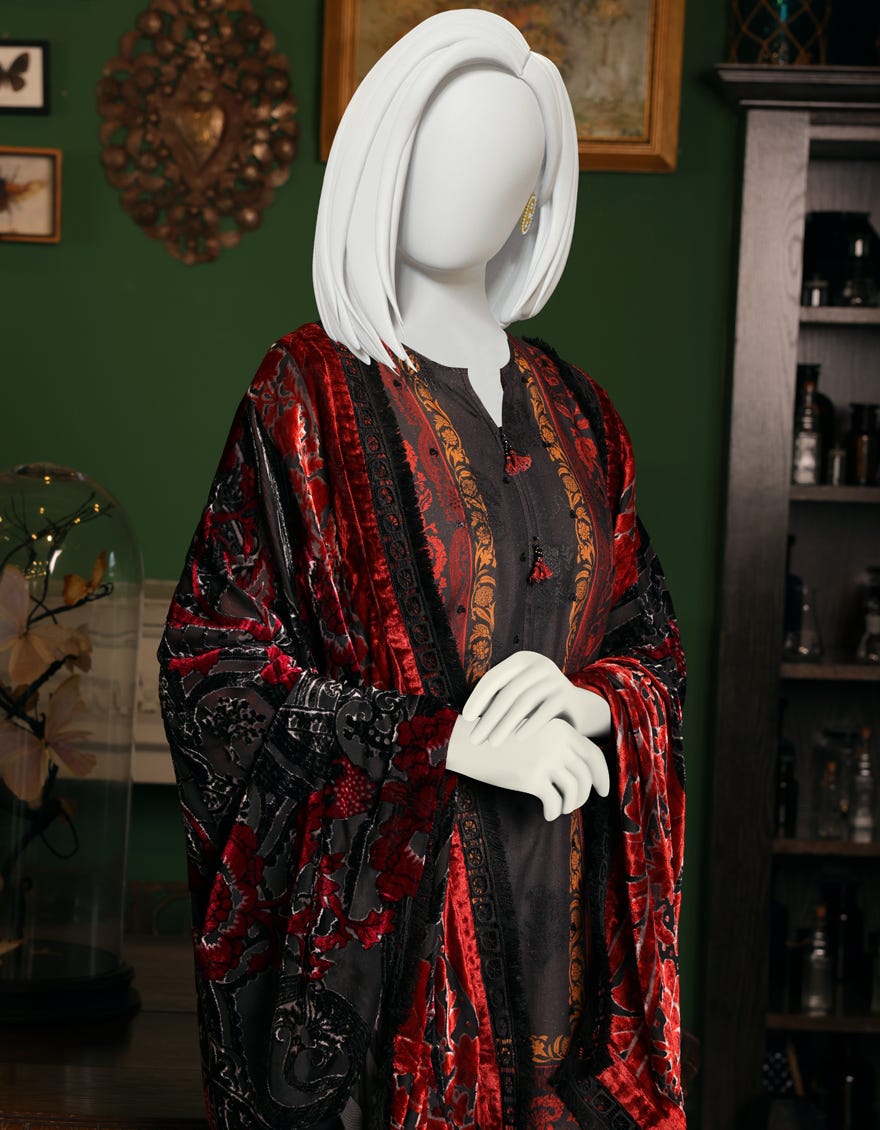 RED-BLACK JACQUARD UNSTITCHED 3PC | JJLS-W-JW-22-1758