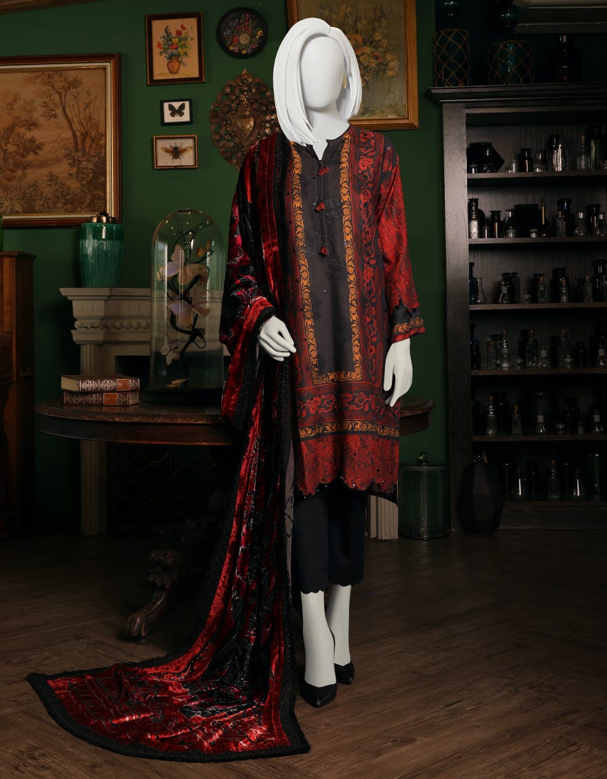 RED-BLACK JACQUARD UNSTITCHED 3PC | JJLS-W-JW-22-1758