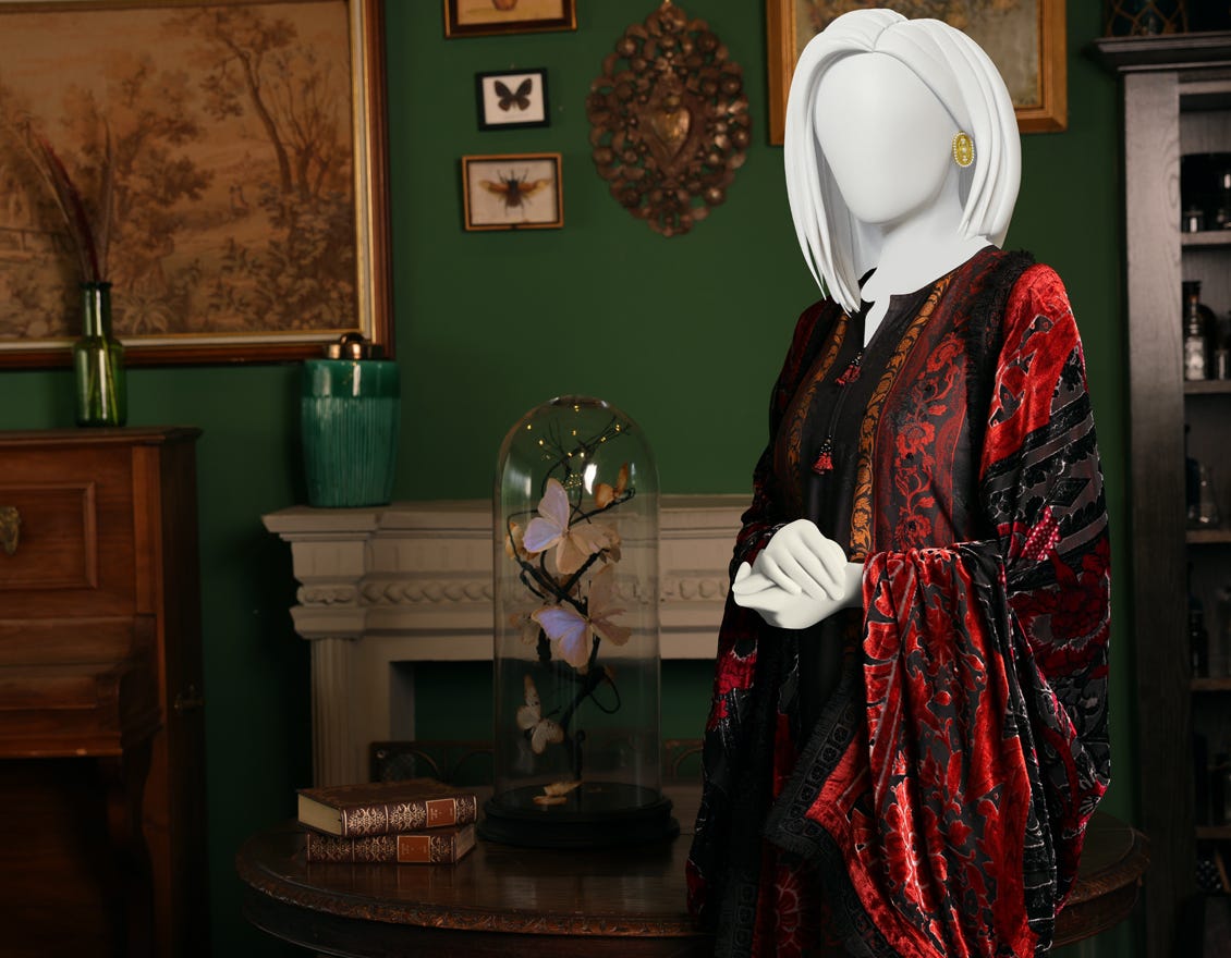 RED-BLACK JACQUARD UNSTITCHED 3PC | JJLS-W-JW-22-1758