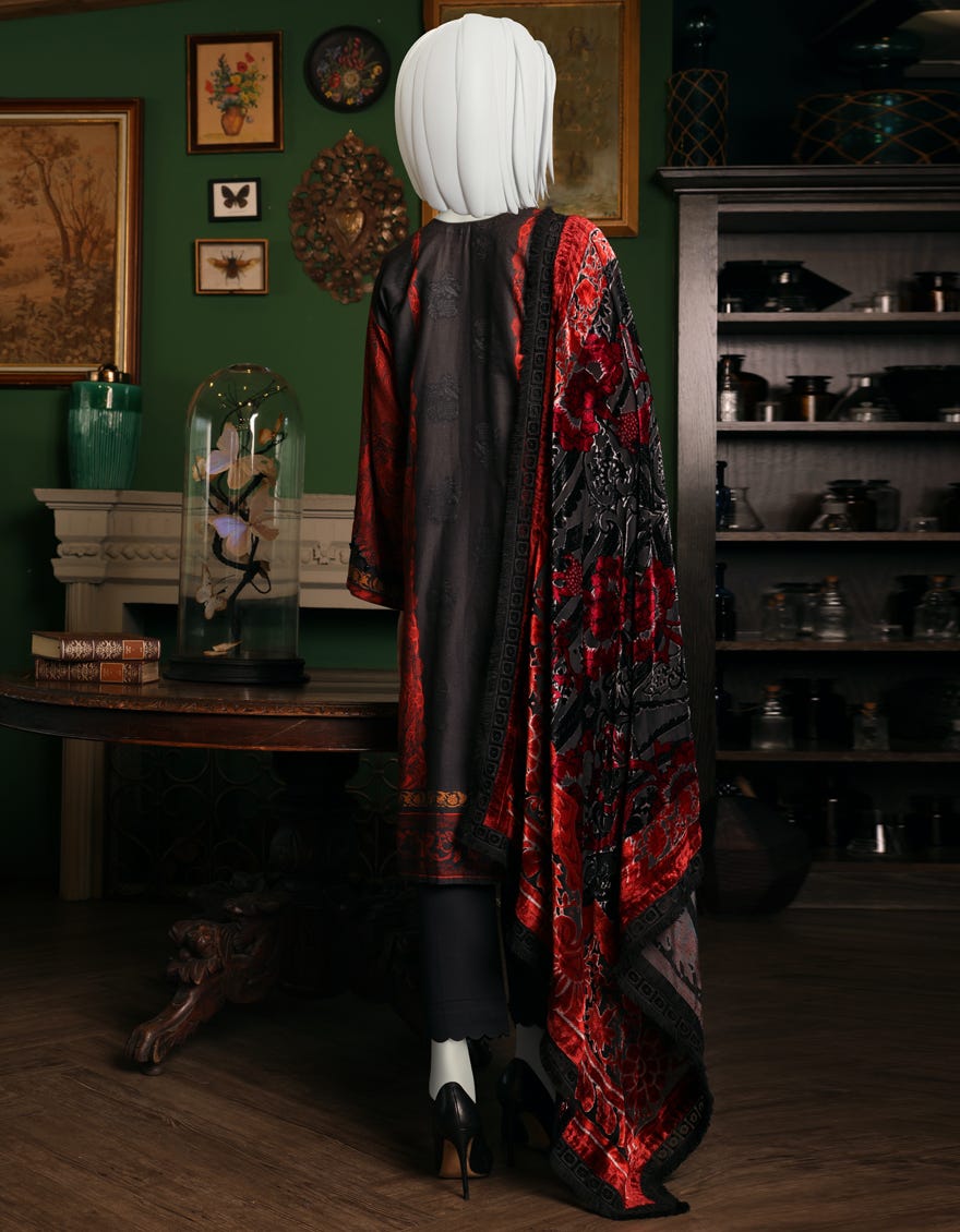 RED-BLACK JACQUARD UNSTITCHED 3PC | JJLS-W-JW-22-1758