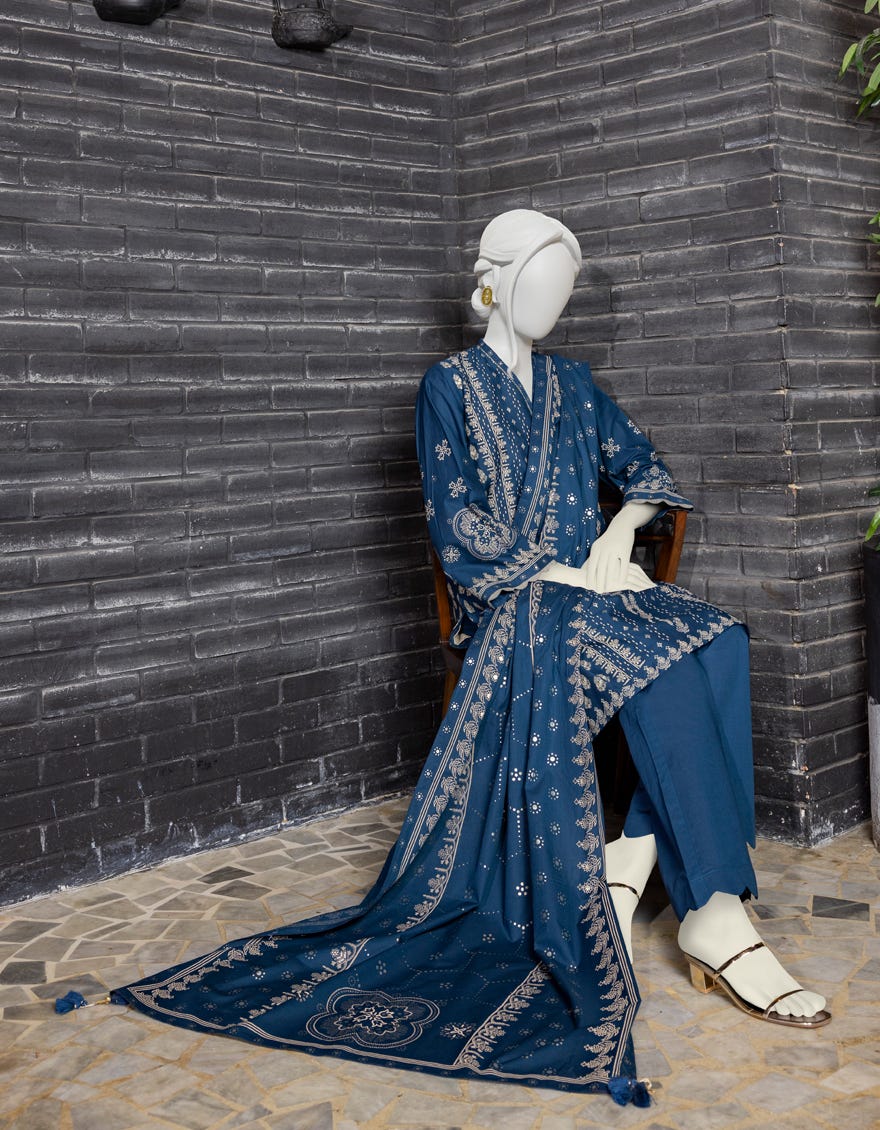 BLUE CAMBRIC UNSTITCHED 3PC | JJLS-W-JW-22-1766