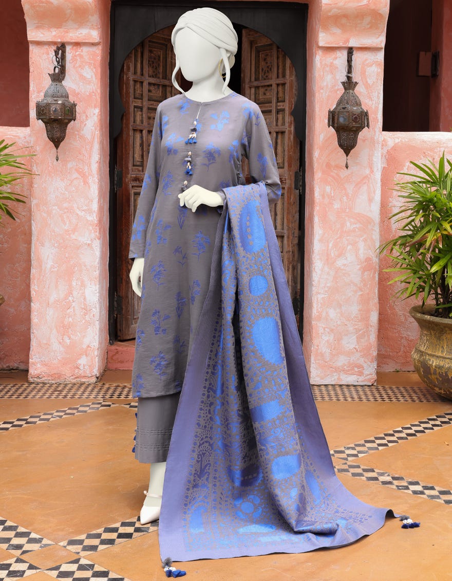 BLUE JACQUARD UNSTITCHED 3PC | JJLS-W-JW-22-1769 FB