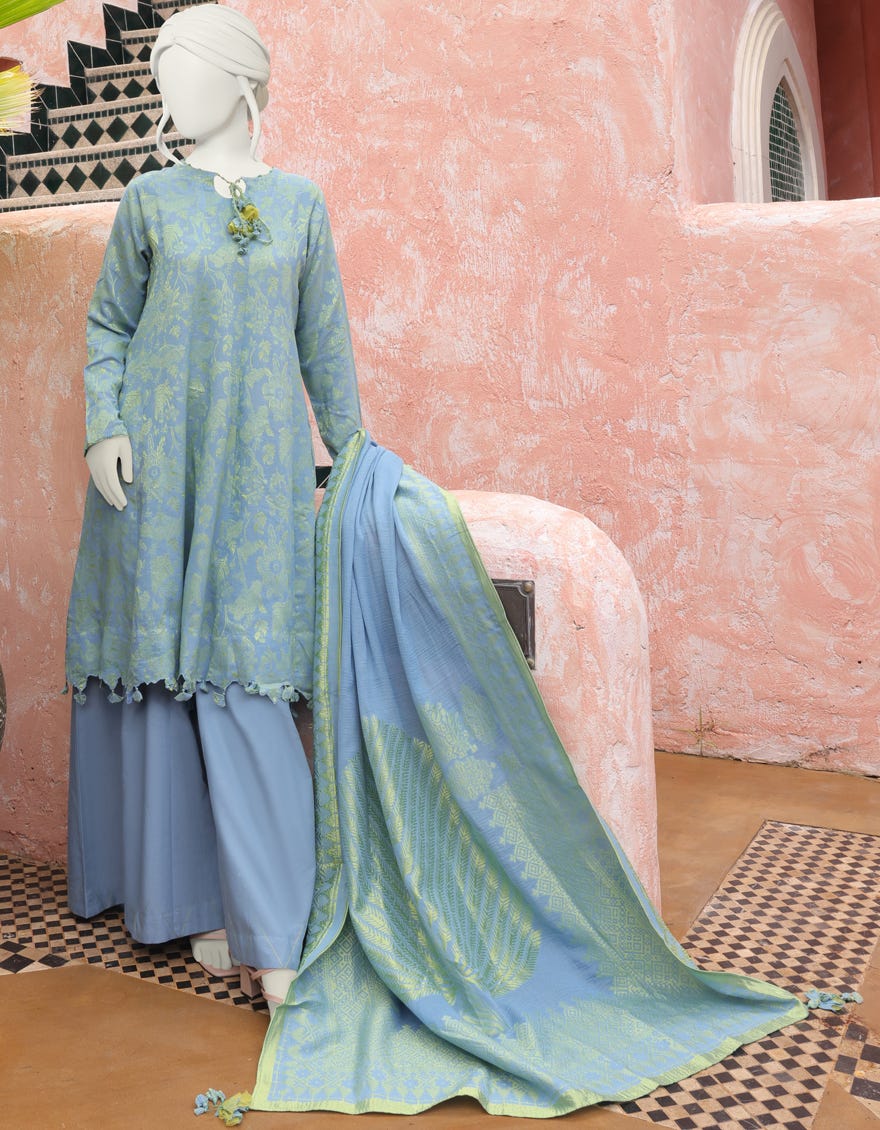BLUE-GREEN JACQUARD UNSTITCHED 3PC | JJLS-W-JW-22-1770 FB