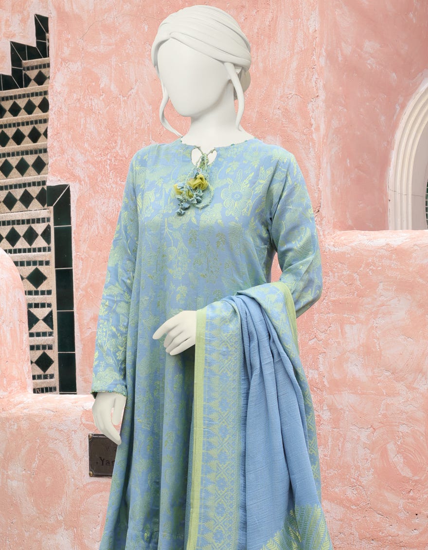 BLUE-GREEN JACQUARD UNSTITCHED 3PC | JJLS-W-JW-22-1770 FB