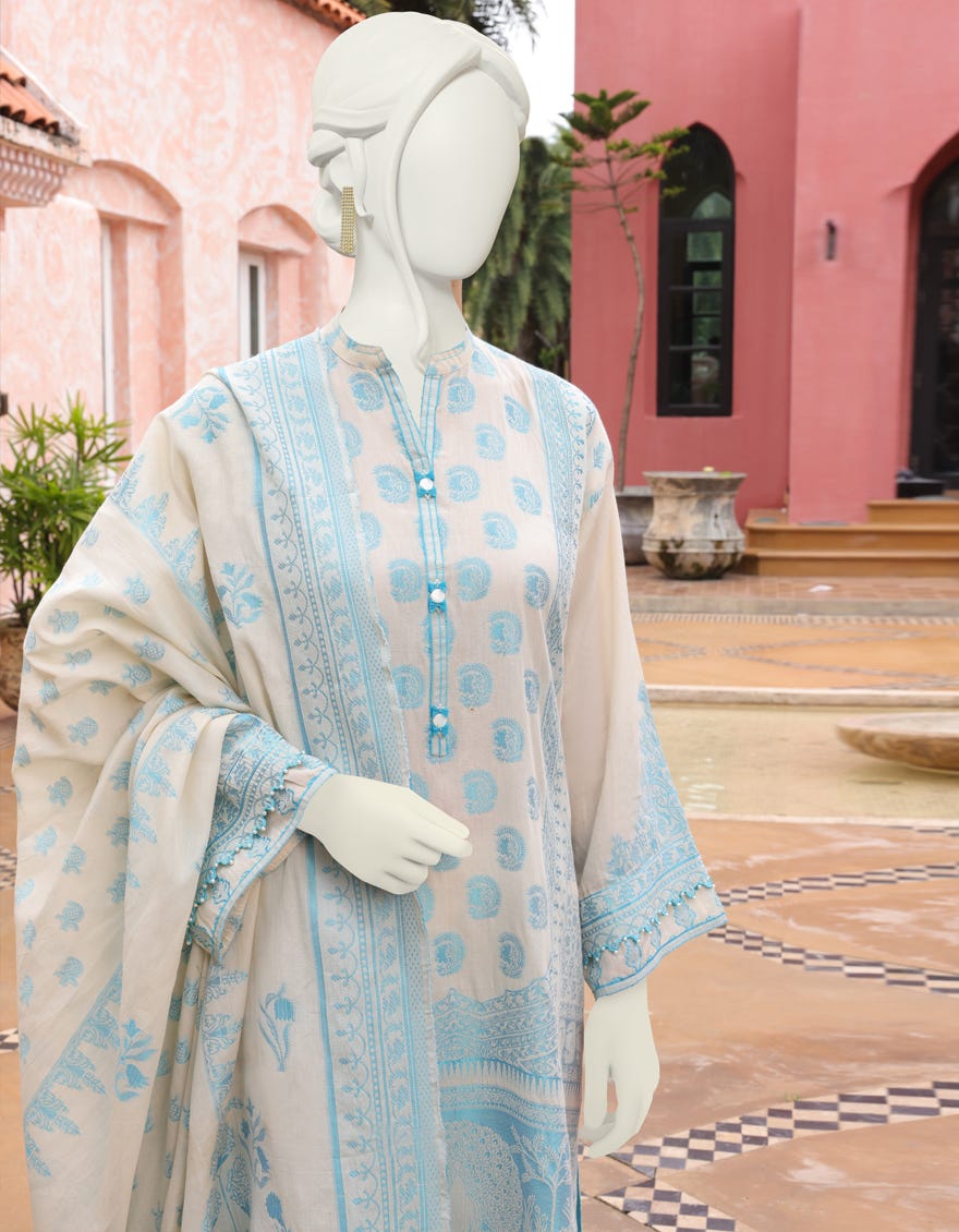 OFF WHITE JACQUARD UNSTITCHED 3PC | JJLS-W-JW-22-1772 FB