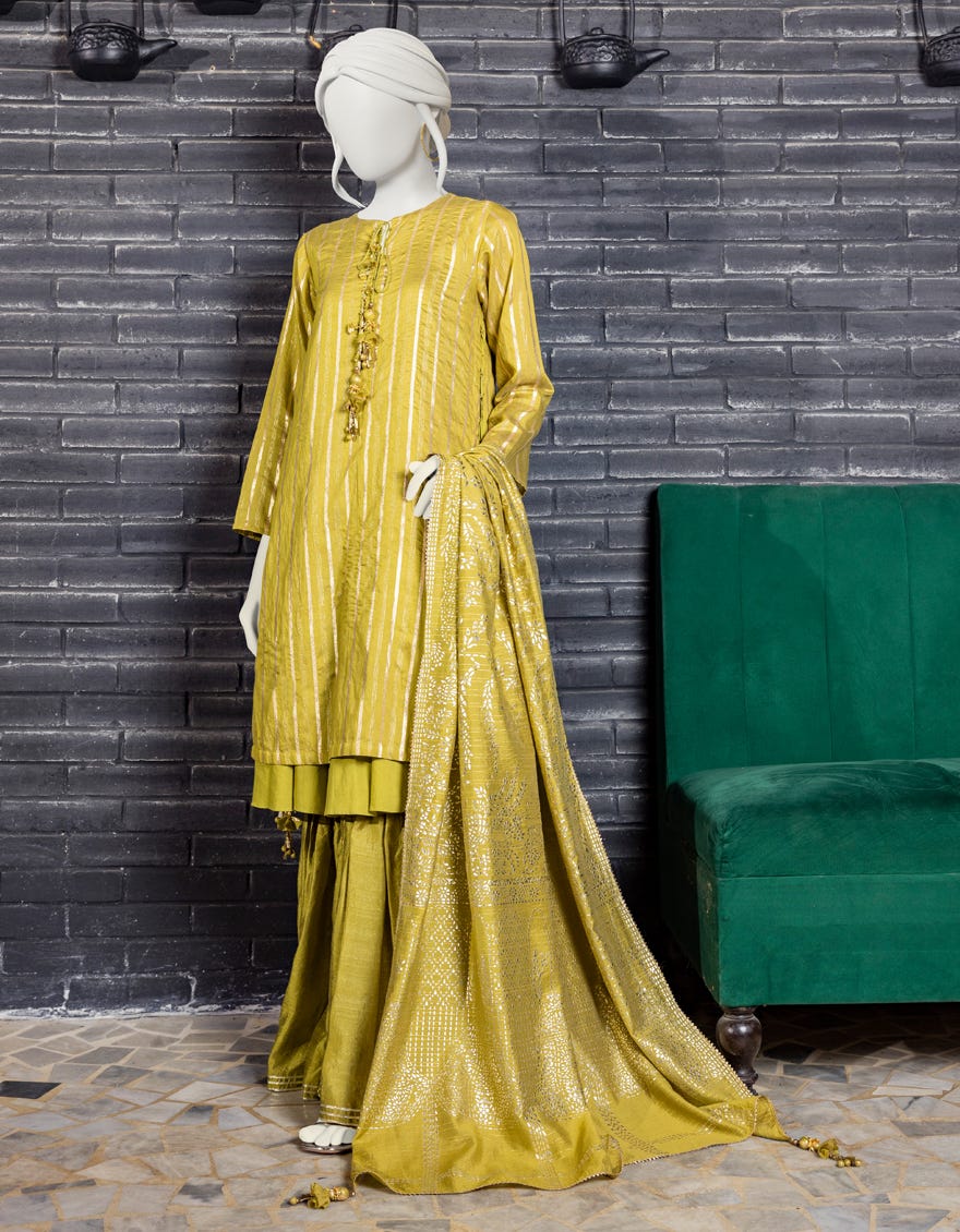 GREEN ZARI UNSTITCHED 3PC | JJLS-W-JW-22-1779