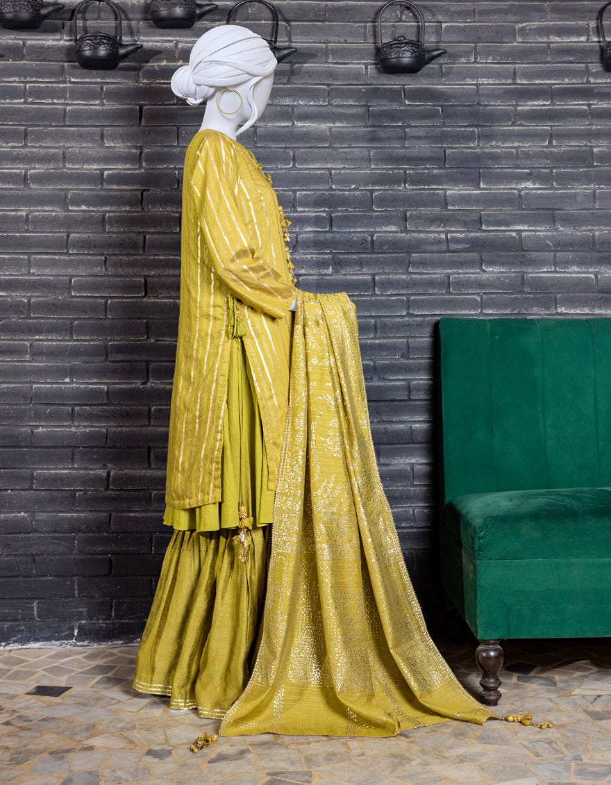 GREEN ZARI UNSTITCHED 3PC | JJLS-W-JW-22-1779