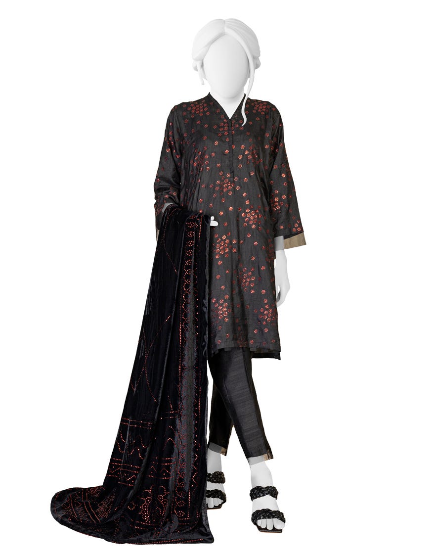 BLACK RAW SILK UNSTITCHED 3PC | JJLS-W-JW-22-1782