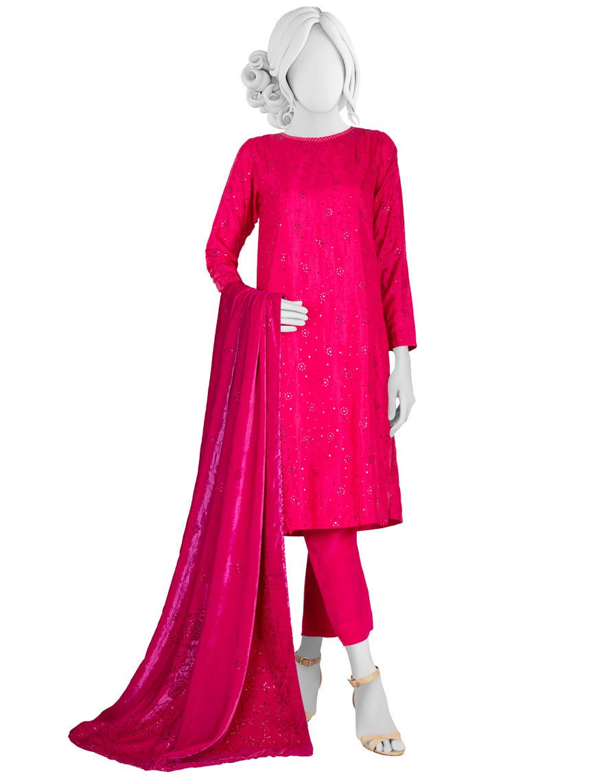 HOT PINK RAW SILK UNSTITCHED 3PC | JJLS-W-JW-22-1786