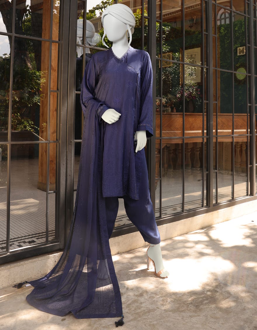 DARK BLUE SILK UNSTITCHED 3PC | JJLS-W-JW-22-1787