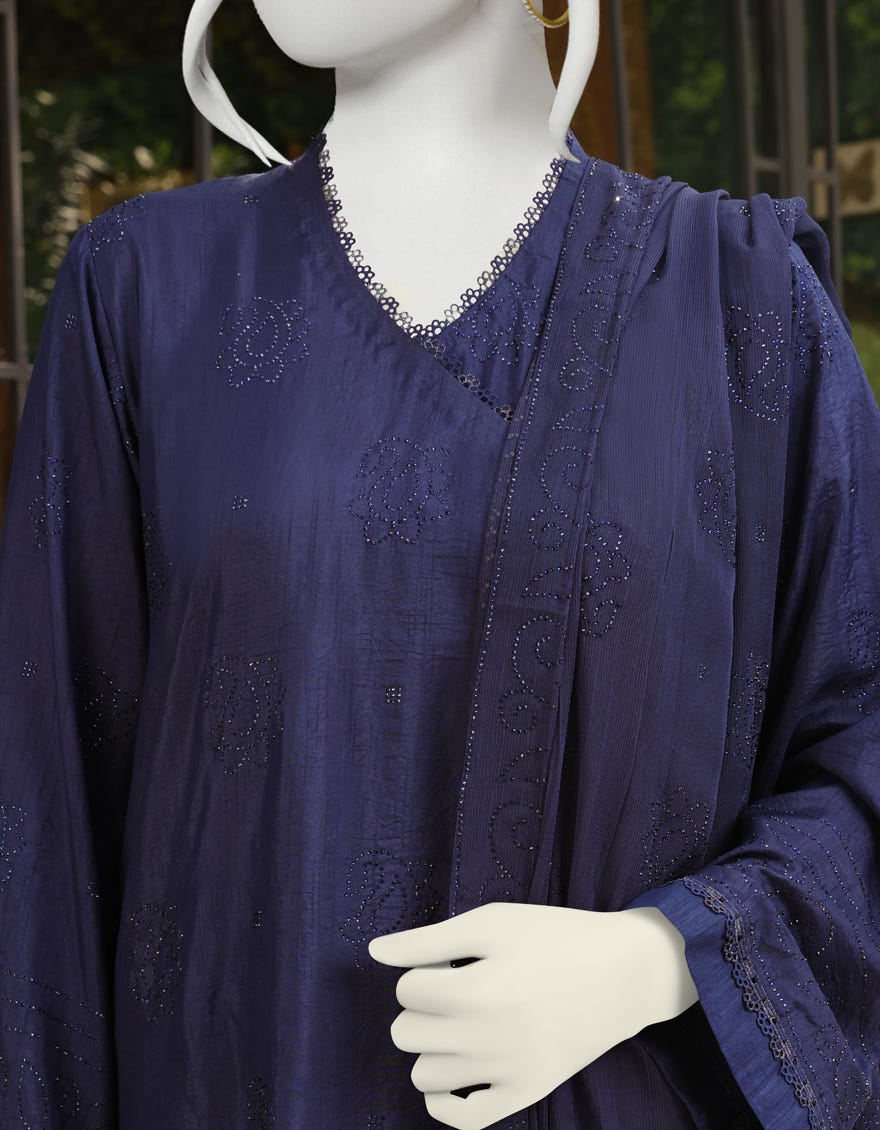 DARK BLUE SILK UNSTITCHED 3PC | JJLS-W-JW-22-1787