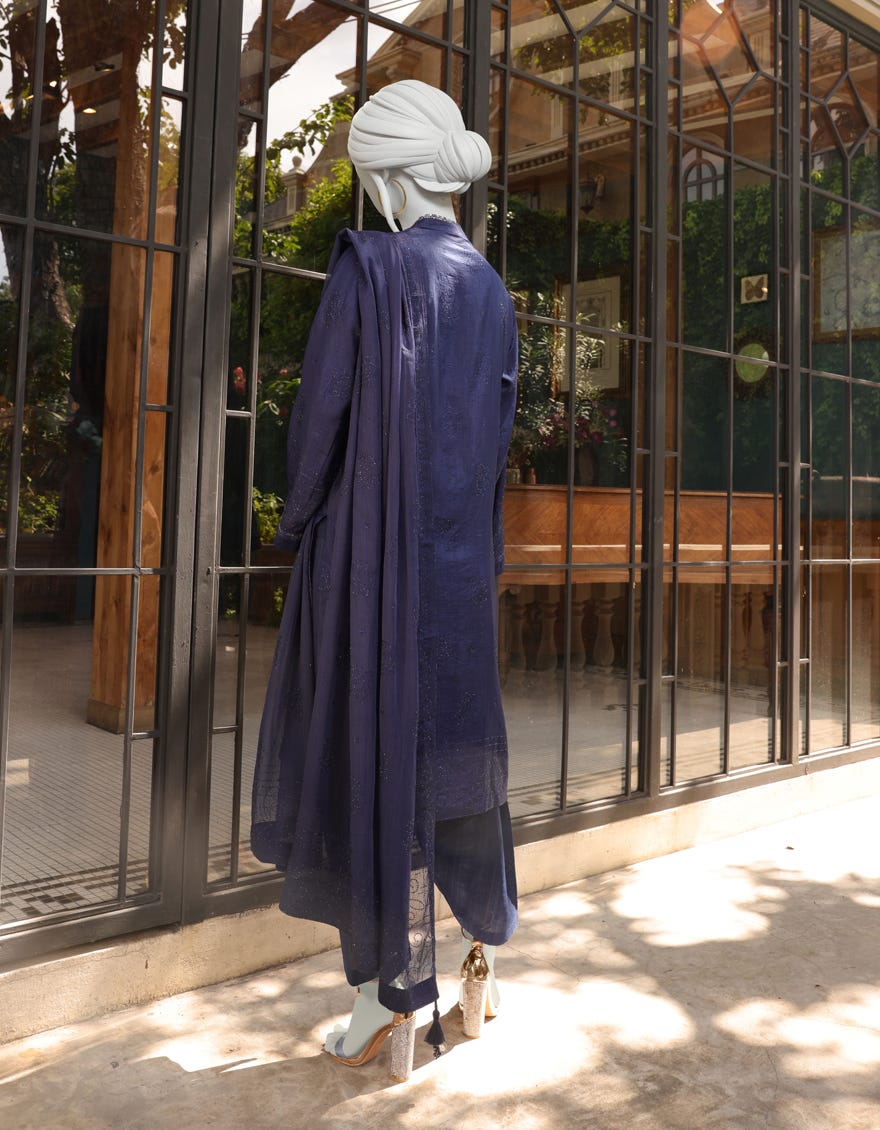 DARK BLUE SILK UNSTITCHED 3PC | JJLS-W-JW-22-1787