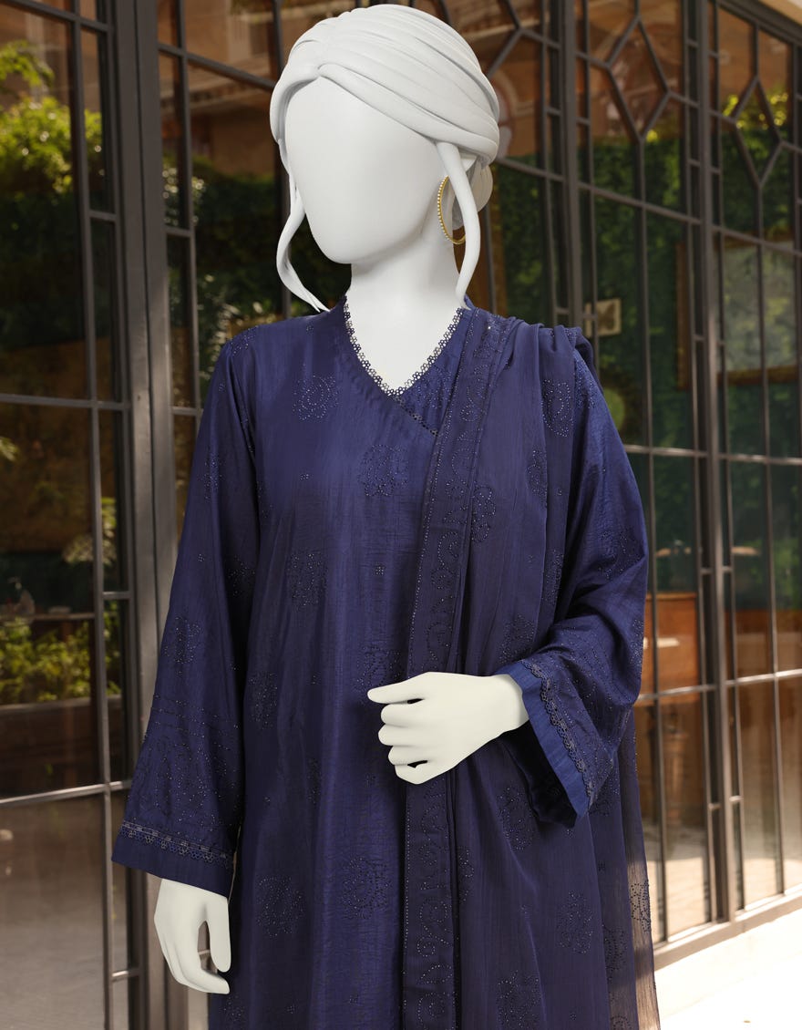 DARK BLUE SILK UNSTITCHED 3PC | JJLS-W-JW-22-1787