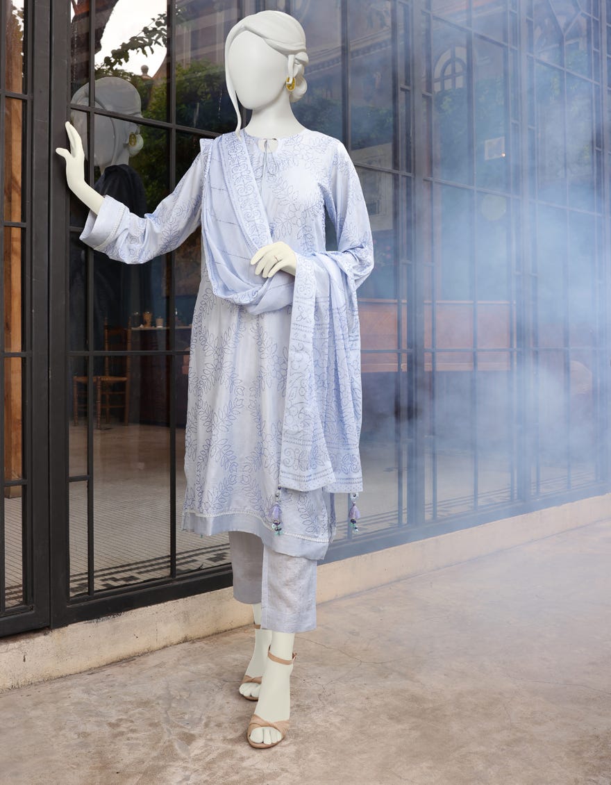 SKY BLUE SILK UNSTITCHED 3PC | JJLS-W-JW-22-1788