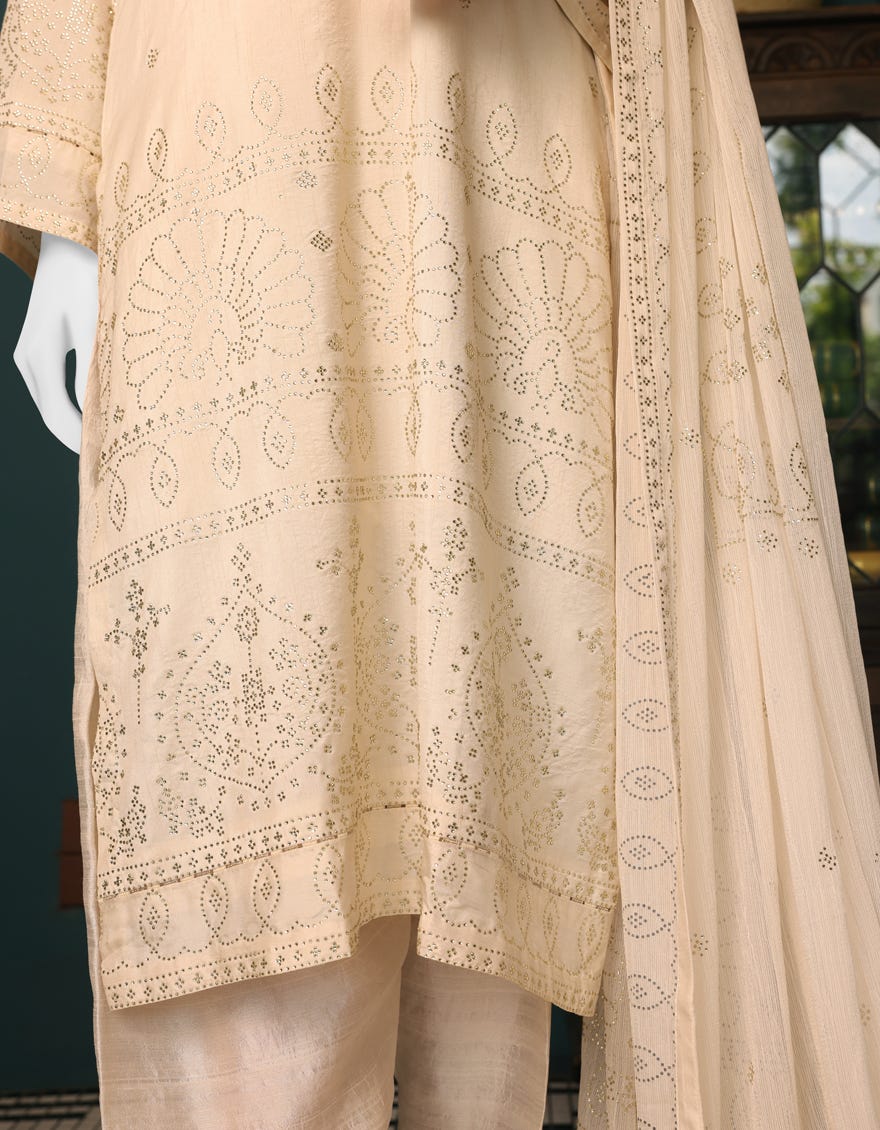 OFF WHITE RAW SILK UNSTITCHED 3PC | JJLS-W-JW-22-1789