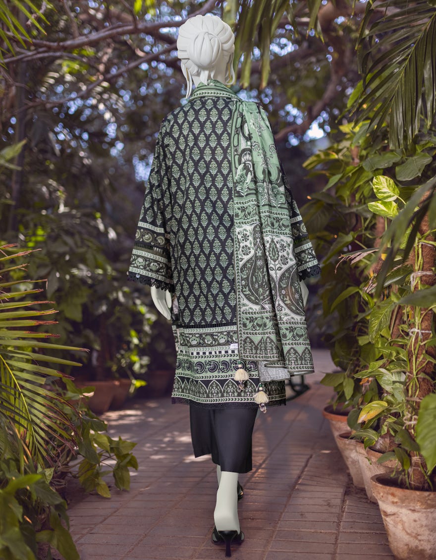 BLACK-GREEN CAMBRIC UNSTITCHED 3PC | JJLS-W-JWU-22-1796A
