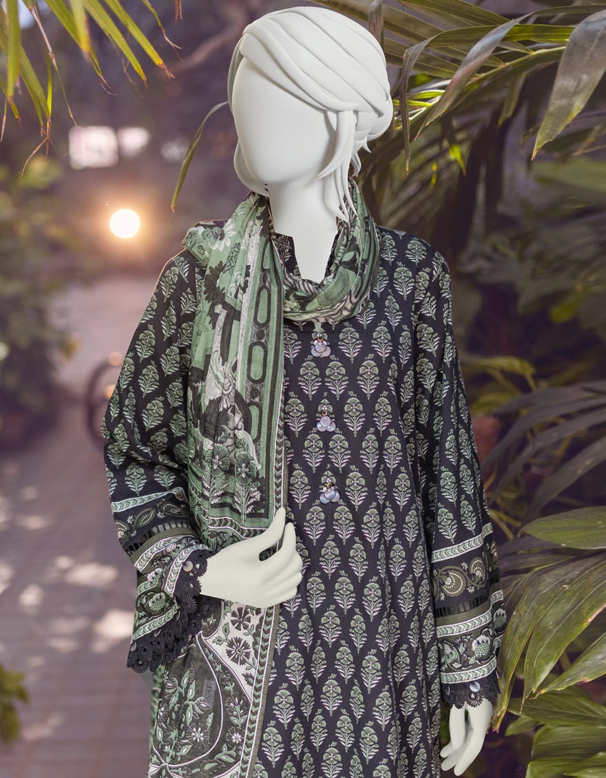 BLACK-GREEN CAMBRIC UNSTITCHED 3PC | JJLS-W-JWU-22-1796A