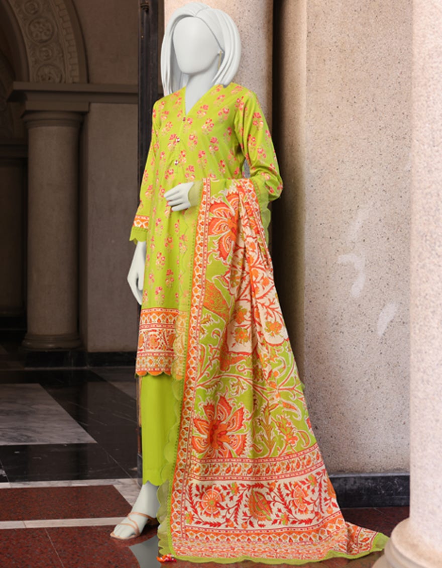LIME GREEN CAMBRIC UNSTITCHED 3PC | JJLS-W-JWU-22-1797A