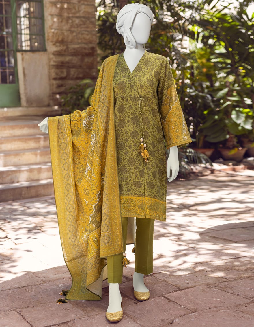 MEHNDI GREEN KHADDAR UNSTITCHED 3PC | JJLS-W-JWU-22-1799A