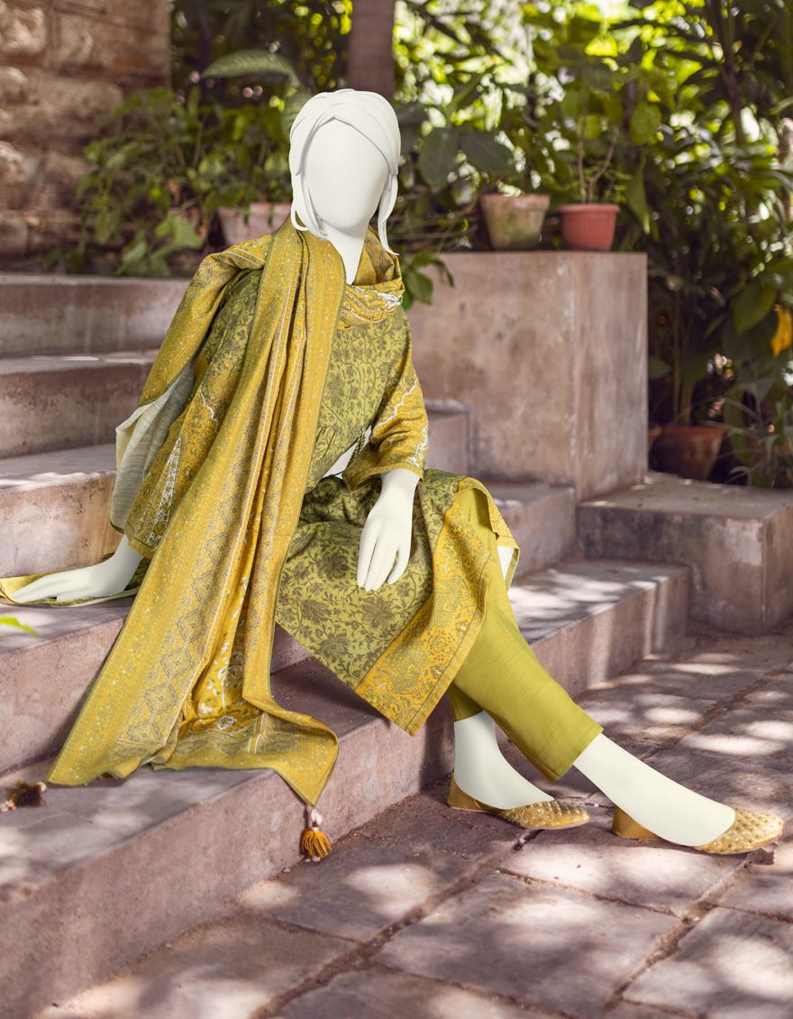 MEHNDI GREEN KHADDAR UNSTITCHED 3PC | JJLS-W-JWU-22-1799A