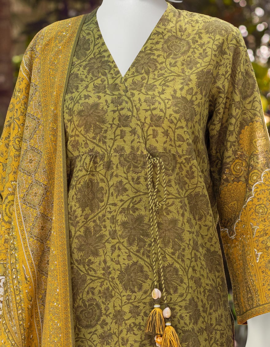 MEHNDI GREEN KHADDAR UNSTITCHED 3PC | JJLS-W-JWU-22-1799A