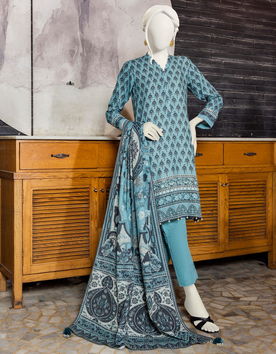 TEAL KHADDAR UNSTITCHED 3PC | JJLS-W-JWU-22-1801B
