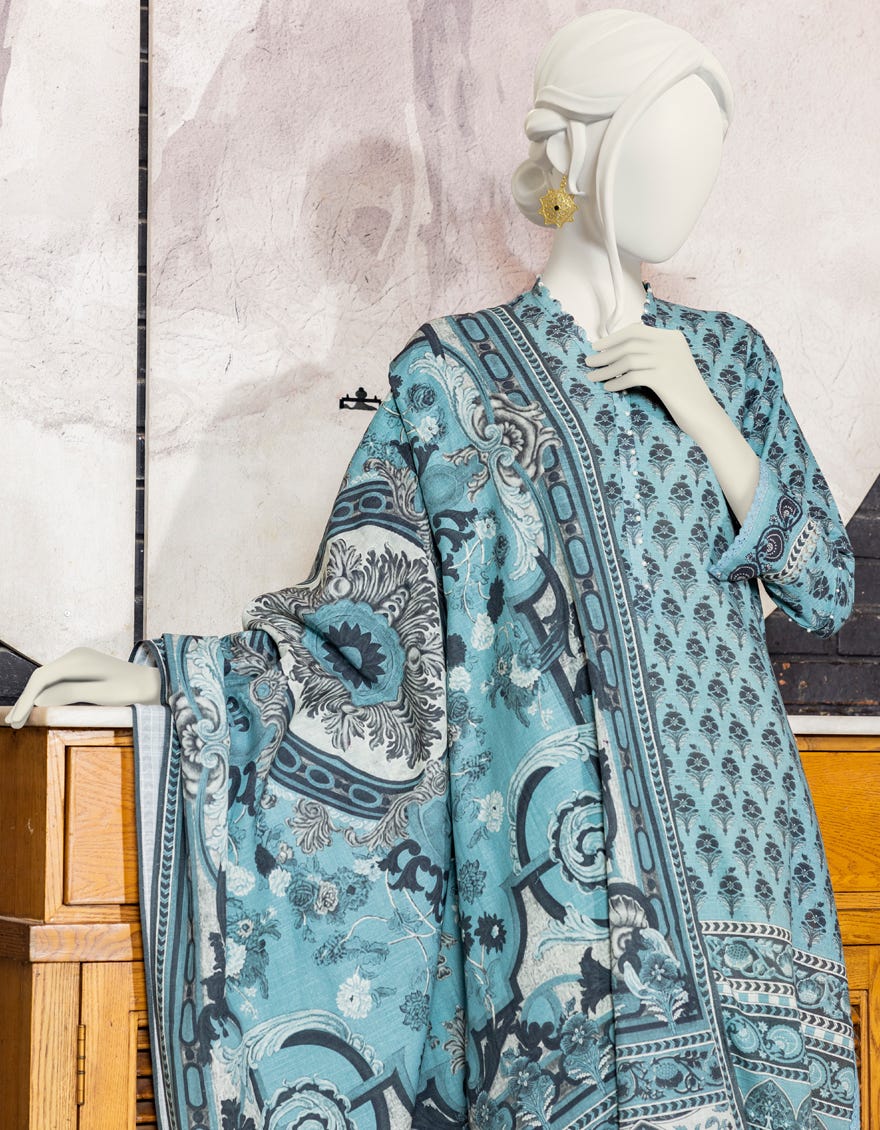 TEAL KHADDAR UNSTITCHED 3PC | JJLS-W-JWU-22-1801B