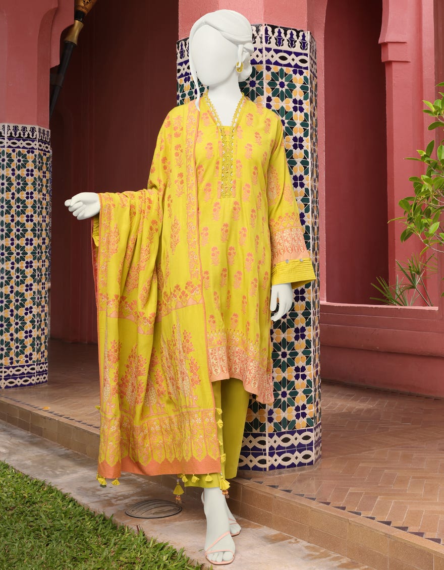 YELLOW JACQUARD UNSTITCHED 3PC | JJLS-W-JWU-22-1808