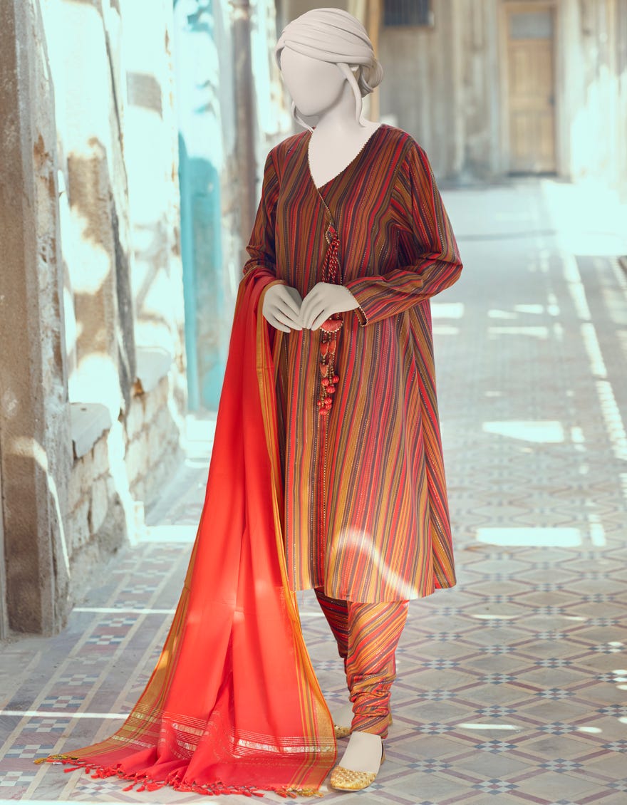 GREEN-ORANGE YARN DYED UNSTITCHED 3PC | JJLS-W-JWU-22-1815