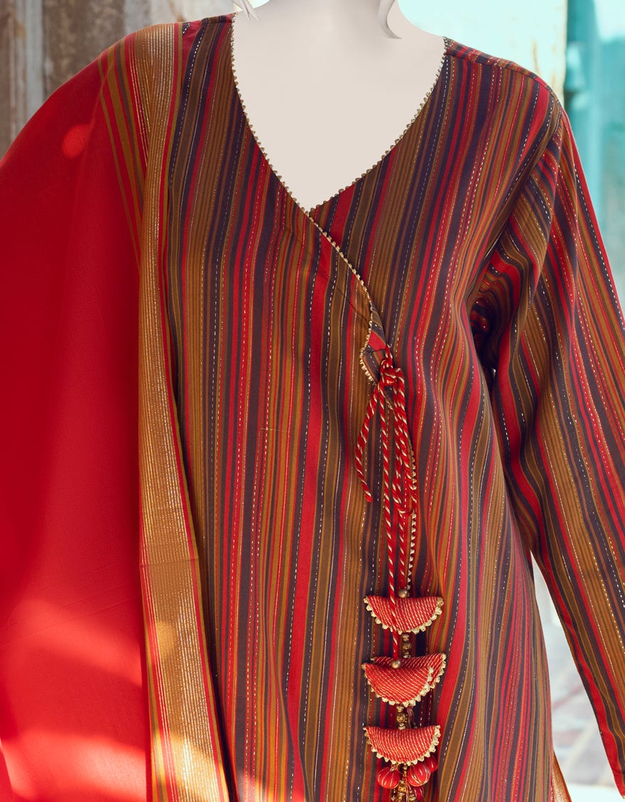 GREEN-ORANGE YARN DYED UNSTITCHED 3PC | JJLS-W-JWU-22-1815