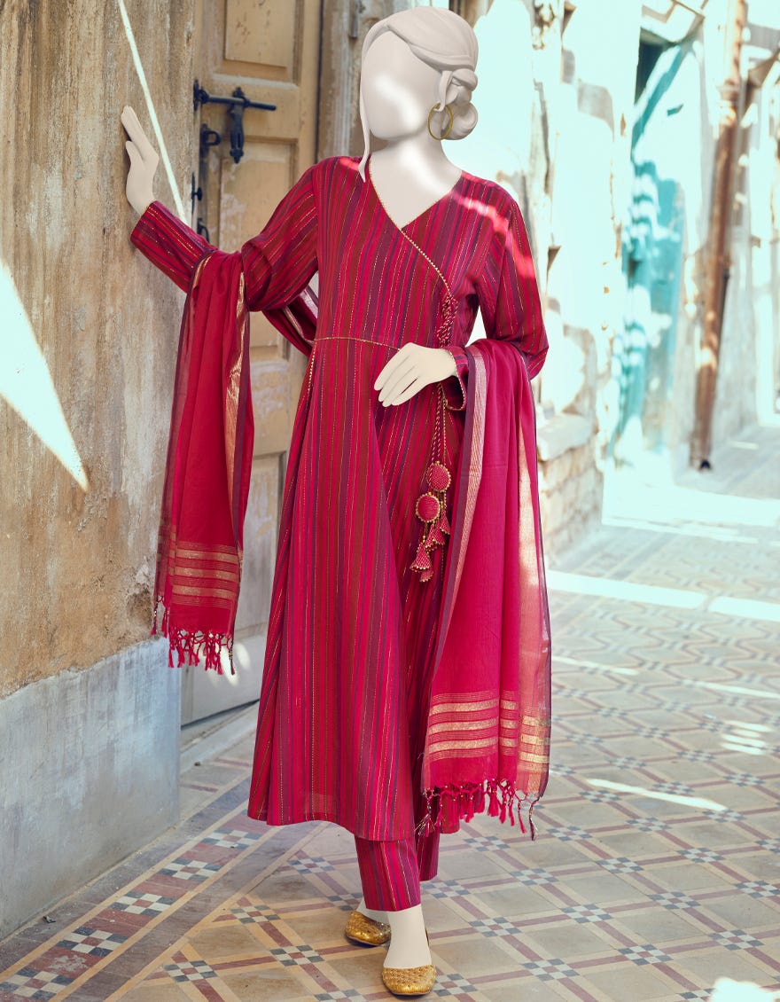 PINK JACQUARD UNSTITCHED 3PC | JJLS-W-JWU-22-1818