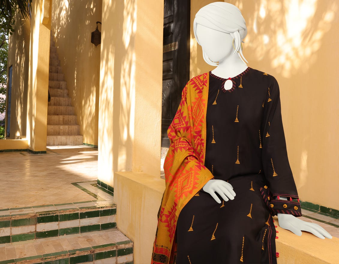 MUSTARD-BLACK MARINA UNSTITCHED 3PC | JJLS-W-JWU-22-1819