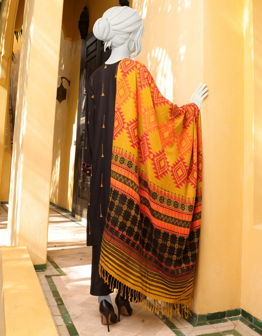 MUSTARD-BLACK MARINA UNSTITCHED 3PC | JJLS-W-JWU-22-1819