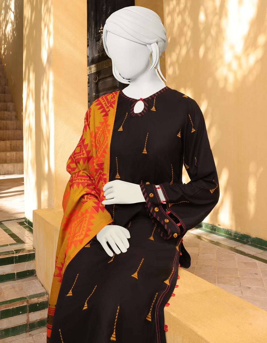 MUSTARD-BLACK MARINA UNSTITCHED 3PC | JJLS-W-JWU-22-1819