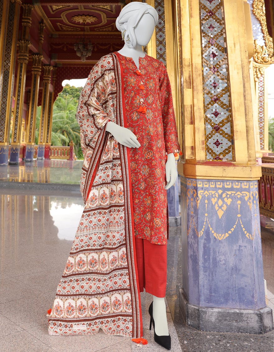 RED ORANGE KHADDAR UNSTITCHED 3PC | JJLS-W-JWU-22-1831 FB